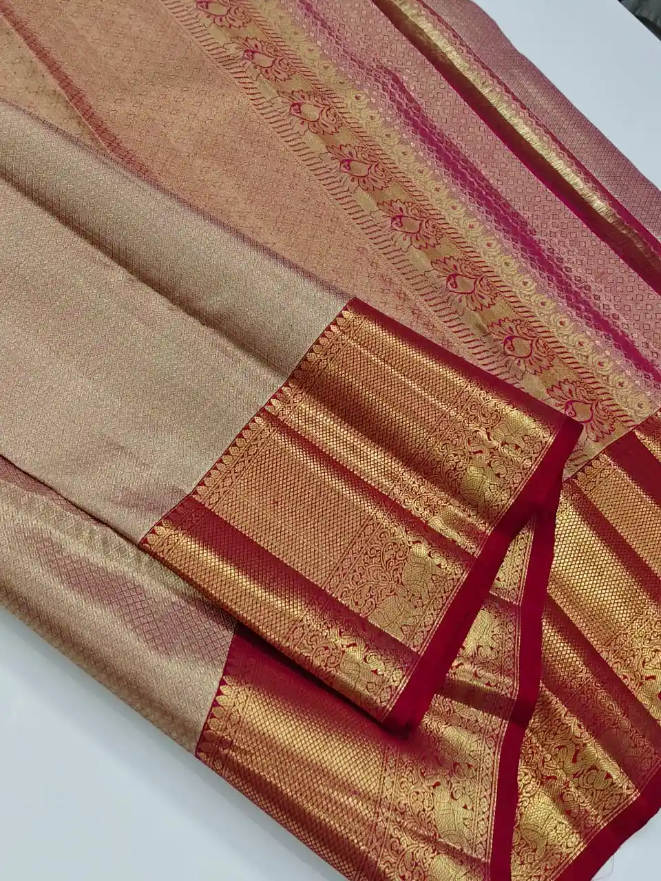 Champagne Gold Bridal Kanchipuram Silk Brocade Saree.